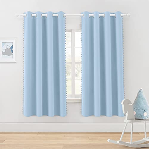 Homeideas Light Blue Pom Pom Blackout Curtains 52 X 63 Inches Cute Baby Blue Curtains For Kids Nursery Grommet Room Darkening Window Curtains 2 Panels For Bedroom/Living Room #TOP1