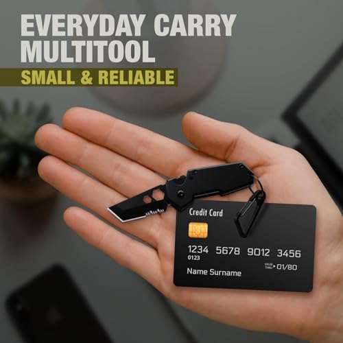 Image of Mini Keychain Knife with Carabiner - 1.3 inch Tanto Serrated Blade - 6 in 1 Black Multitool - Bottle Opener Box Cutter Liner Lock - EDC Gadgets - Legal Folding Small Pocket Knives for Men Women 2248 MB