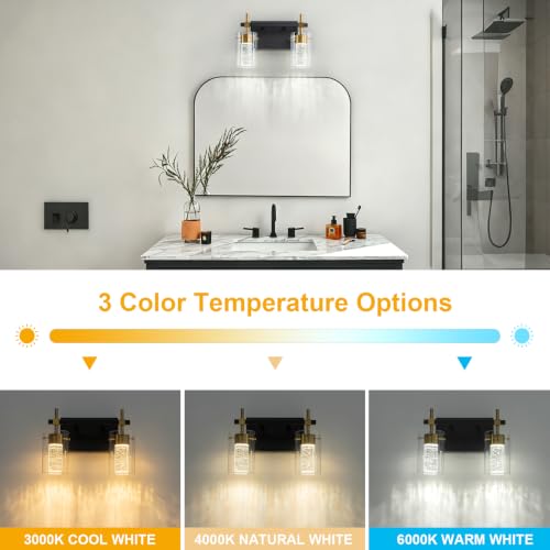 Image of 2-Light Black and Gold Vanity Light with 3 Color Modes (3000K /4000K /6000K), Eye Protection LED Bathroom Light Fixture, Dimmable Modern Wall Light Over Mirror with Clear Glass Shade