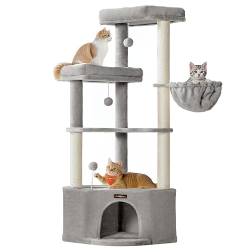 Feandrea Cat Tree Tower, 48.5 x 48.5 x 140.7 cm, Cat Condo with Large Cave, Large Perches, Scratching Posts, Pompoms, Basket, Dove Grey PCT009G01