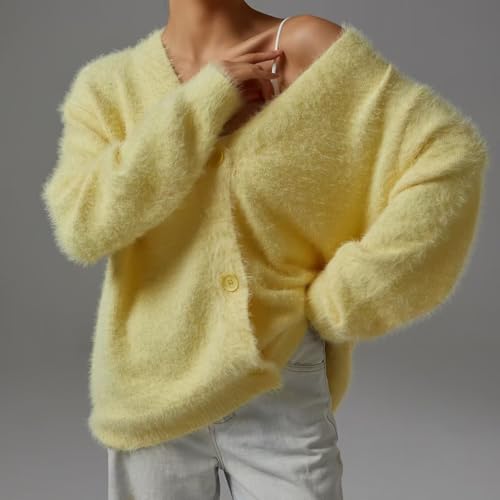 Image of chouyatou Women Furry Open Front Cardigan V-Neck Loose Casual Fluffy Knit Button Down Sweater Coat