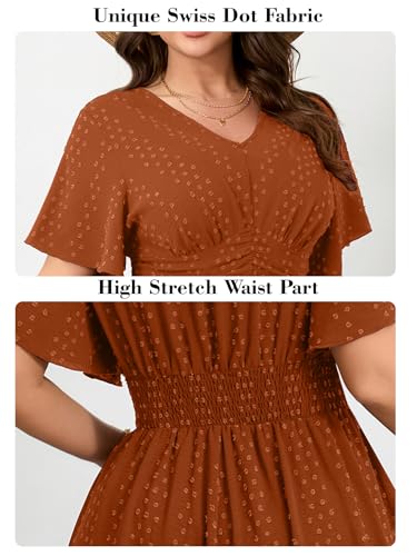 Image of RWJ Women's Plus Size Maxi Dress V Neck Short Sleeve Swiss Dot A Line High Waist Boho Swing Casual Summer Dresses