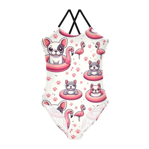 Girls Swimsuit Pattern of French Bulldog Flamingo Swimming Ring One Piece Swimwear