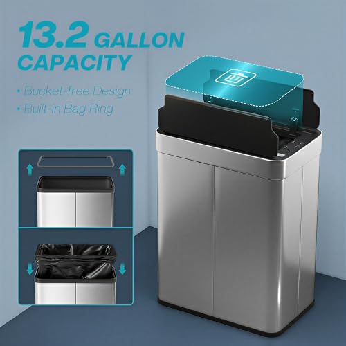 HOMCOM 13.2 Gallon (50 L) Sensor Trash Can with Soft-Close Lid, Automatic Touchless Motion Sensor Garbage Can with Fingerprint-Proof Stainless Steel for Kitchen Gym Home Office — view 3