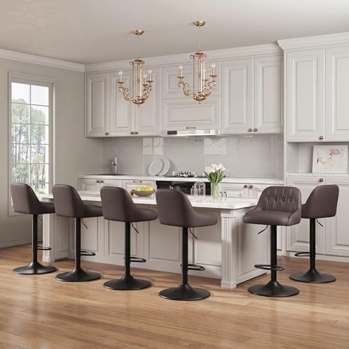 Image of MALOL Bar Stools Set of 6, Swivel Bar Chairs, Modern Adjustable PU Leather Upholstered Barstools Counter Height with Tufted Back for Bar, Kitchen Counter Island, Dining Room, Brown