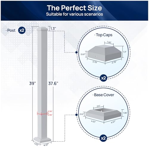 Image of Egadis 2 Pack 2.56 in x 2.56 in x 39 in Aluminum Railing Post, White | 10mm Thickend Welded Base, Textured AAMA2604 Powder-Coated Finish Railing Post for Decks, Porches & Balconies (2x 39in Post)