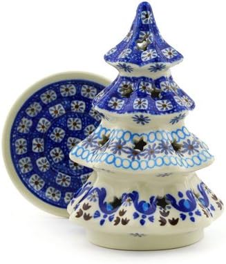 Polmedia Polish Pottery Christmas Tree Candle Holder - Blue Ice Pattern Handmade in Boleslawiec Poland by Ceramika Artystyczna + Certificate of Authenticity