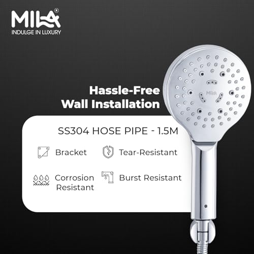 Image of Mila Cliq 4-Function Hand Shower | Rain, Mist, Massage, Mixed Spray Modes | Chrome Finish |ModernDesign | Includes Hose (1.5m), Bracket & Installation Kit (Φ120mm)