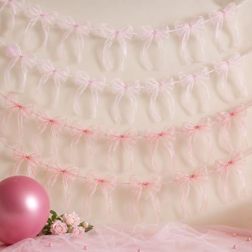 4 Pcs Pink Bow Garland Banner Pre Strung Pink Bowknot Coquette Ribbon Party Decortions for Girls Bow Birthday Decorations Bachelorette Party Decorations Bridal Shower