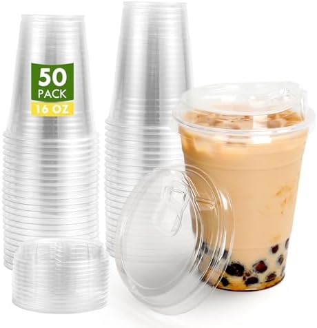 16 Oz Clear Plastic Cups With Lids - 25 Sets Disposable Iced Coffee Cups For Smoothies & Cold Drinks