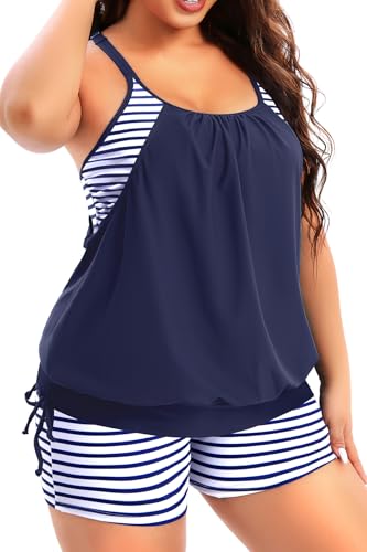 Image of Holipick Plus Size Tankini Swimsuits for Women Two Piece Tummy Control Bathing Suit Blouson Tankini Top with Shorts