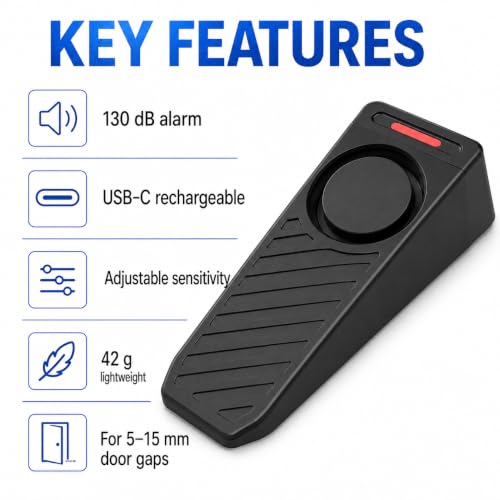 Hendun Door Stop Alarm for Travel or Home, Rechargeable and Adjustable