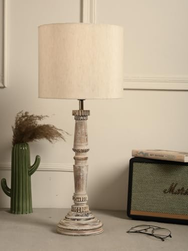 Image of Green Girgit Empire Wooden Lamp in Distress White Color with Jute White Lamp Shade, Reading & Bedside Table Lamp, Home & Living Room Decor Item