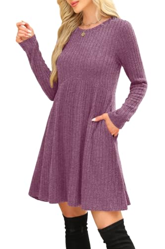 Image of OFEEFAN Long Sleeve Dress for Women Crew Neck Empire Waist Tunic Dress with Pockets