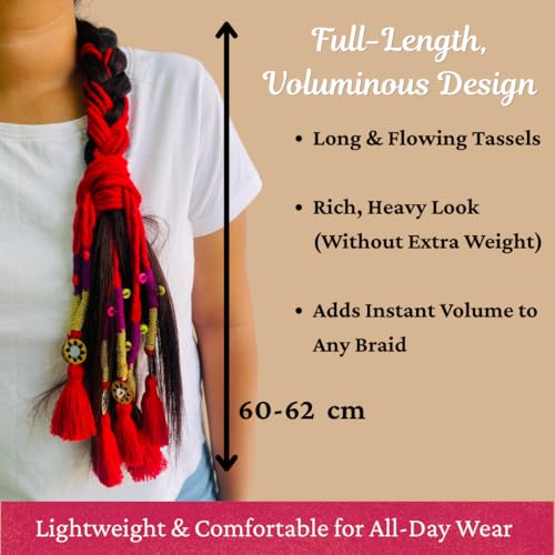 Image of Zippy Flora Neelima Parandi (Red) | Traditional Boho Handmade Paranda Hair Accessory with Braid Tassels | Women's Ethnic Hair Extension for Choti, Braids & Patiala Shahi Hairstyles