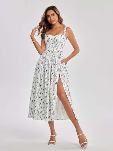 Image of KUTUMAI Floral Corset Midi Dress Flowy Slit Summer Spring Wedding Guest Dresses for Women Sundress with Pockets