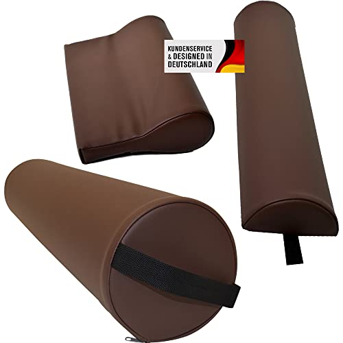 Massagezubehör Set 3 bestehend aus 1x Vollrolle Knierolle mit Griff 1x Lagerungsrolle Halbrolle und 1x Nackenkissen Kopfstütze für die Massageliege wasserabweisend in Braun Cover