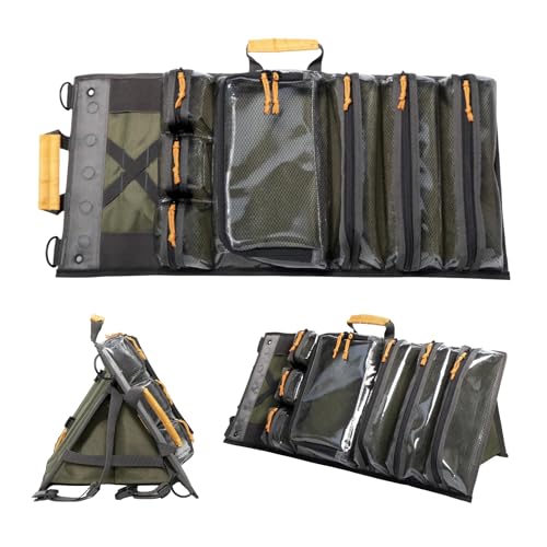 Heavy Duty Roll Up Tool Bag Organizer w/Kickstand for Upright Visibility & Easy Access, 7 Pockets w/Zippers, Multiple Carrying & Hanging Handles, Magnetic & Elastic Organizers, Adjustable Strap