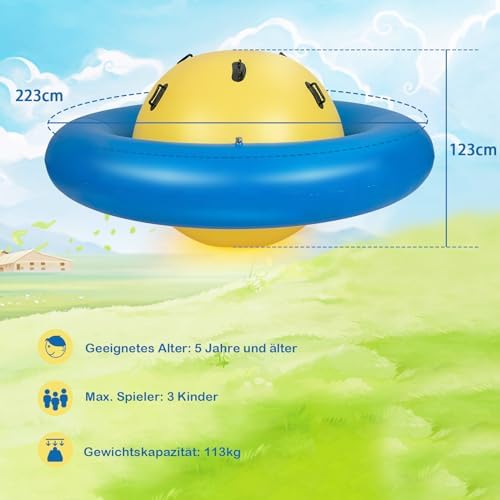 FANTASK Aufblasbare Kuppelwippe für Kinder, 223 cm große Kinderwippe zum Rollen, Neigen, Klettern & Hüpfen mit 6 integrierten Griffen (Gelb + Blau)