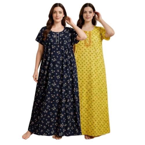 Image of Bahumaan Nighty for Women Cotton Combo Pack of 2 | Free Size Gown for Women Cotton with Side Pocket | Nighties for Women Pure Cotton Combo Stylish | Maxi Sleepwear