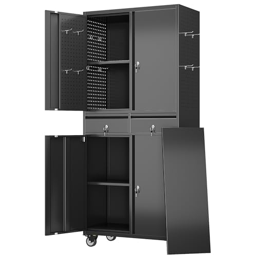 GLADIW Garage Storage Cabinet with Wheels, Metal Storage Cabinet with 2 Drawers and 2 Adjustable...