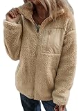 Dokotoo Winter Clothing for Women Casual Solid Long Sleeve Jackets Open Front Full Zipper Up Warm Fleece Sherpa Jackets with Pockets Cute Lapel Collar Teddy Coats for Women Outerwear Khaki Large