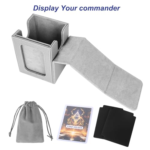 Image of AFIING MTG Deck Box for Commander Display,Card Deck Box Fits 100 Double Sleeved Cards, Magic Commander TCG Card Storage Box with 2 Dividers,Drawstring Bag and 1 Toploader(Silver /grey)
