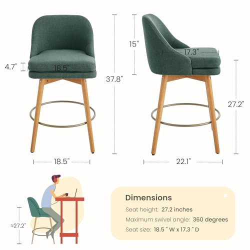 Image of kinmars Modern Bar Stools Set of 2,Swivel Counter Height Bar Stools with Soft Upholstered Back,Thick Seat,Wooden Legs, 27 inch Counter Stools for Kitchen Island (Green, 4 Pieces - 27 inch Counter Height)