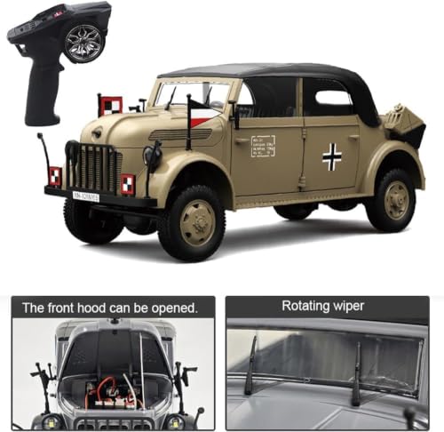 Image of 1:12 RC Vintage Military Car, 2.4GHz Remote Control Off-Road Vehicle with LED Lights, Smoke Effect, Opening Hood, Realistic Suspension, USB Rechargeable RC Car for Kids & Collectors