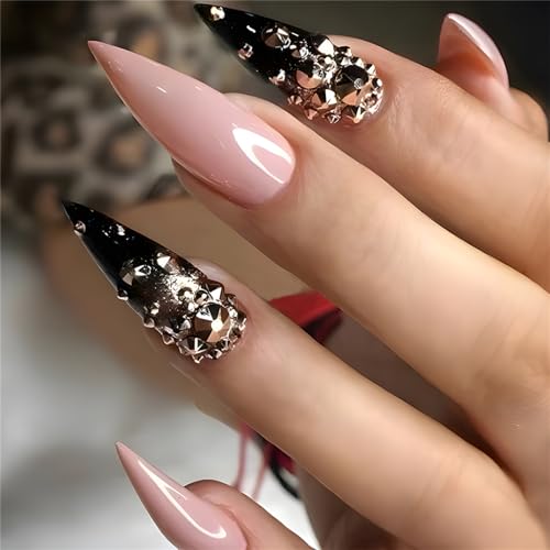 Shiny Diamond Fake Nail Long Stiletto Pink Black Press on Nails Tips Nail Art Decoration for Women and Girls Manicure 24pcs