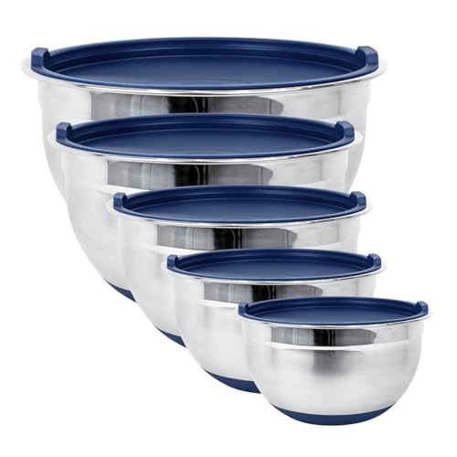 Fitzroy and Fox Stainless Steel Mixing Bowls with Lids and Non Slip Bases (Set of 5, Blue)