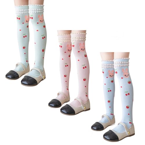 Girls Knee High Socks 3 Pairs - Strawberry Rabbit Pattern Style Cotton Long Stockings Breathable Soft for Kids 3-12 Years Pink Green Blue