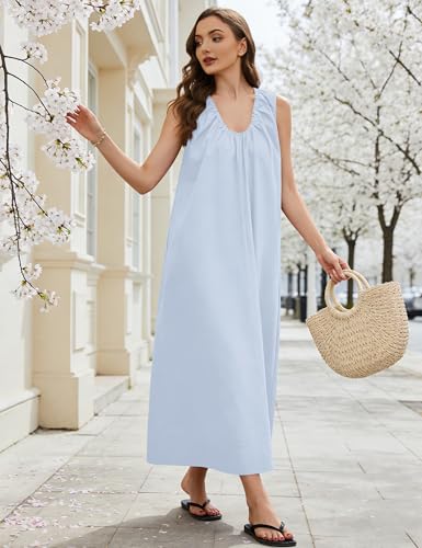 Image of Livtany Women's Scoop Neck Ruched Maxi Dress Flowy Swing Wide Straps Long Dress Casual Sleeveless Sundress with Side Pockets
