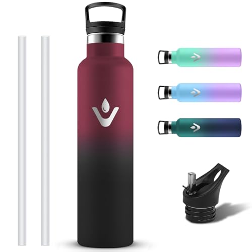 Grsta Botella Agua Acero Inoxidable, Botella Termica 1 litro sin BPA a Prueba de Fugas, Cantimplora Termica con Pajita y Filtro, Reutilizable Termo con 2 Tapones para Colegio, Gym, Viaje
