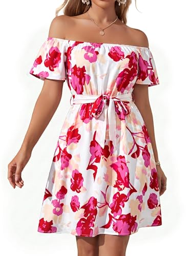Image of Off Shoulder Ruffle Dress for Women, A-Line Mini Dress with Belt, Fitted Bust Summer Wedding Guest Dress