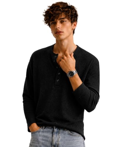 Image of AUSK Men's Waffle Knit Henley T-Shirt | Cotton Blend Full Sleeve Textured Casual T Shirt | Regular Fit Button Placket Round Neck Tshirt for Men