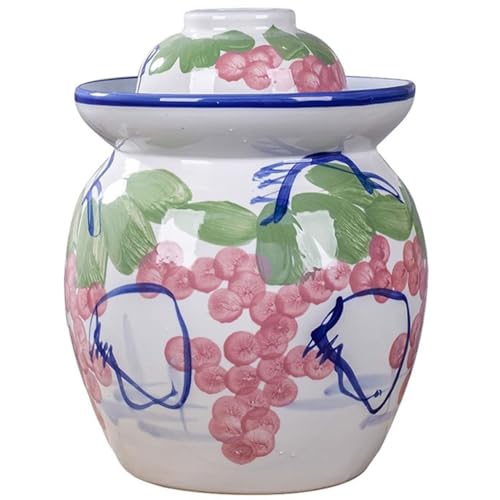 Creative Grape Pattern Kimchi Jar, Thickened Ceramic Fermentation Tank, Traditional Water-sealed Pickling Crock, Wide Mouth Design(4kg/141.1oz)