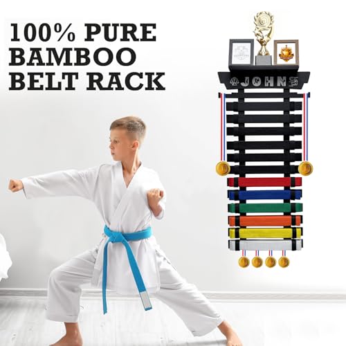 image for ESSENTURA 12 Belt Karate Belt Display Rack with Trophy Mount, Bamboo, 