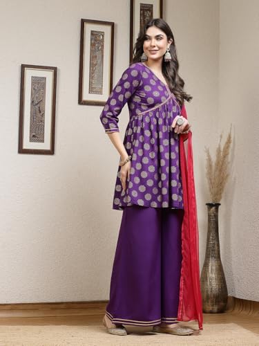 Stylum Women's Ethnic Motif Rayon A-Line Kurta Palazzo Dupatta Set (Kpdvoilnaaz42_Violet, Xl)