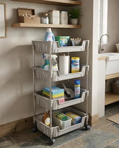 Image of JD FRESH 4-Tier Multi Storage Rack for Home & Kitchen /360-Degree Rotating Wheels with Breathable Kitchen Shelf Storage Rack /Plastic Rolling Cart for Kitchen, Bathroom, Office & Living Room (Grey)