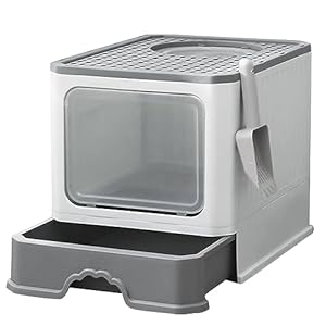 Bac à Litière Fermé pour Chat, Maison de Toilette, Plateau Amovible, Pelle, Brosse, pour Grand Chat, Capacité de Charge 15 kg,Anti-fuites(50 * 35 * 38CM-Gris)