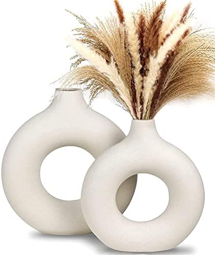 Hcojoul White Ceramic Vase Set of 2, White Vases for Flowers, Minimalist Circle Vases for Decor, Frosted Ceramic Vase for Nordic Pampas Vase for Home Decor, Bedroom Decor & Table Decor