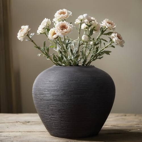 Rustic Ceramic Vase, 7" Black Farmhouse Tall Vase, Vintage Vases,