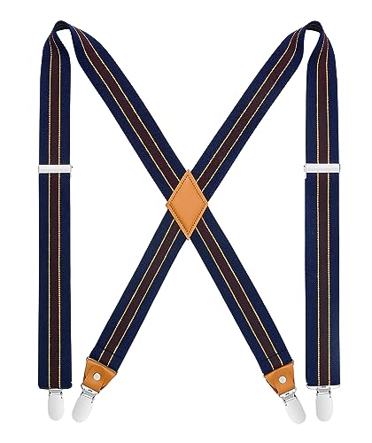HISDERN Mens Suspenders X-Back 1.4" Navy Brown Striped Adjustable Elastic Suspender Braces Strong 4 Clips Work Trousers Wedding Formal Business