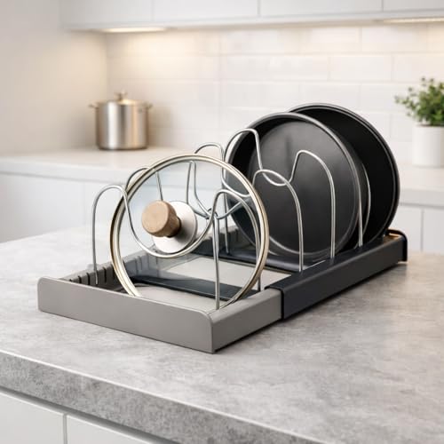 Image of DecorTwist 7-Tier Pot & Pan Rack Organizer | Adjustable Steel & ABS Lid Holder | Space-Saving Kitchen Storage (7-Tier Expandable Pot & Pan Rack)