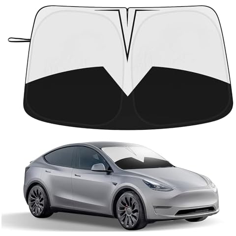 Black Sunshade for Tesla Model 3/Y, UPF50+ Double-Layer 240T High-Density, Front Windshield Sun Visor, Blocks UV/Heat, Foldable Window Cover Keeps Vehicle Cool, for Model 3 Model Y Accessory Cover