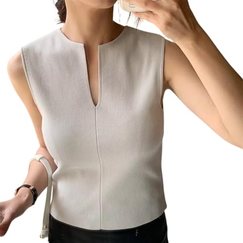 Women Summer Sleeveless Sweater Vest Minimalist V-Slit Neck Slim Fit Pullover Tank