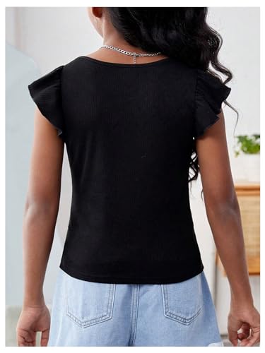 WDIRARA Girl's Square Neck Ruffle Cap Sleeve T Shirt Tee Casual Rib Knit Top2
