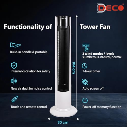 Image of DECO Majesty Indoor Tower Fan with Touch Remote (Black and White, 40 W) | 3 Wind Modes, 3 Speed Settings | Internal Oscillation, Large