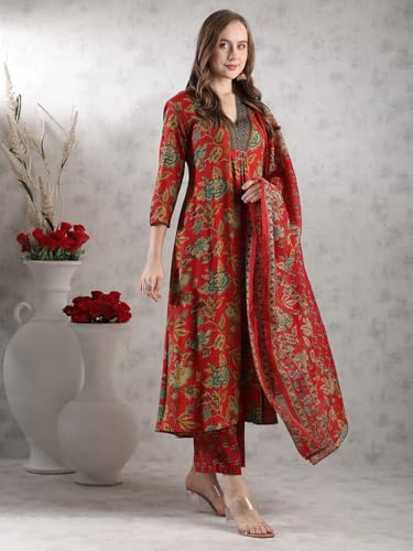 Image of GoSriKi Women's Rayon Viscose Anarkali Printed Kurta with Palazzo & Dupatta